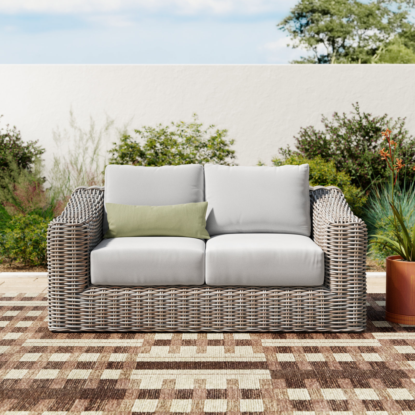 64.9'' Wide Wicker Loveseat with Cushions, Light Gray