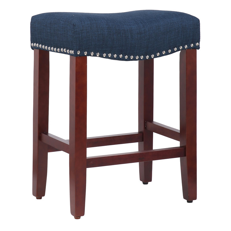 Jameson Upholstered Counter Stool with Solid Wood Frame, Counter Stool (24” Seat Height), Navy blue/Cherry