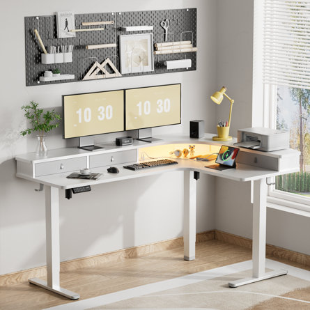 Meachie 63" Adjustable L Shaped Computer Standing Desk with 3 Drawers & Power Outlets & LED Lights