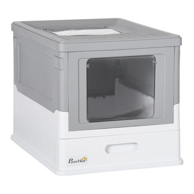 Fully Enclosed Cat Litter Box with Scoop, Hooded Cat Litter House with Drawer Type Tray, Foldable Smell Proof Cat Potty with Front Entry, Top Exit, Portable Pet Toilet with Large Space, Gray