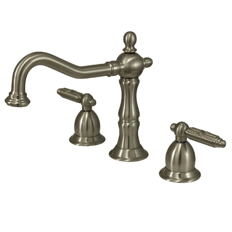 Kingston Brass Heritage Two-Handle 3-Hole Deck Mount Widespread Bathroom Faucet with Brass Pop-Up Drain, Brushed Nickel