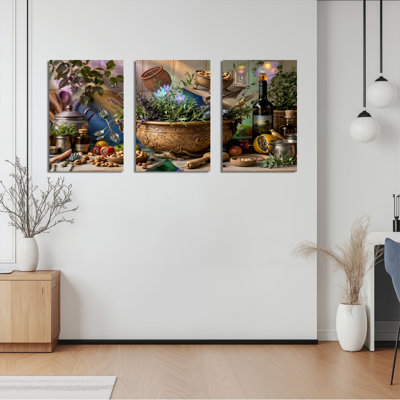 «Herbal Garden Still Life», ensemble de 3 reproductions d'art sur toile tendues sur toile pour la cuisine