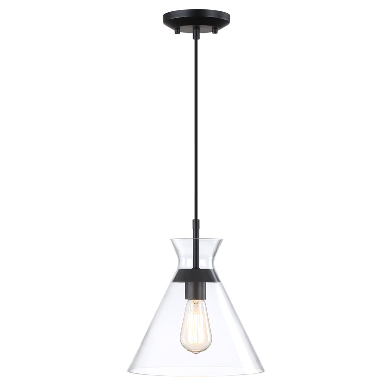 Mini-luminaire suspendu noir mat 1 lumière 73 po avec abat-jour en verre transparent, Noir mat