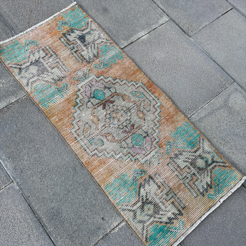 Tapis de couloir turc rétro fait à la main avec motif Oushak vieilli en laine