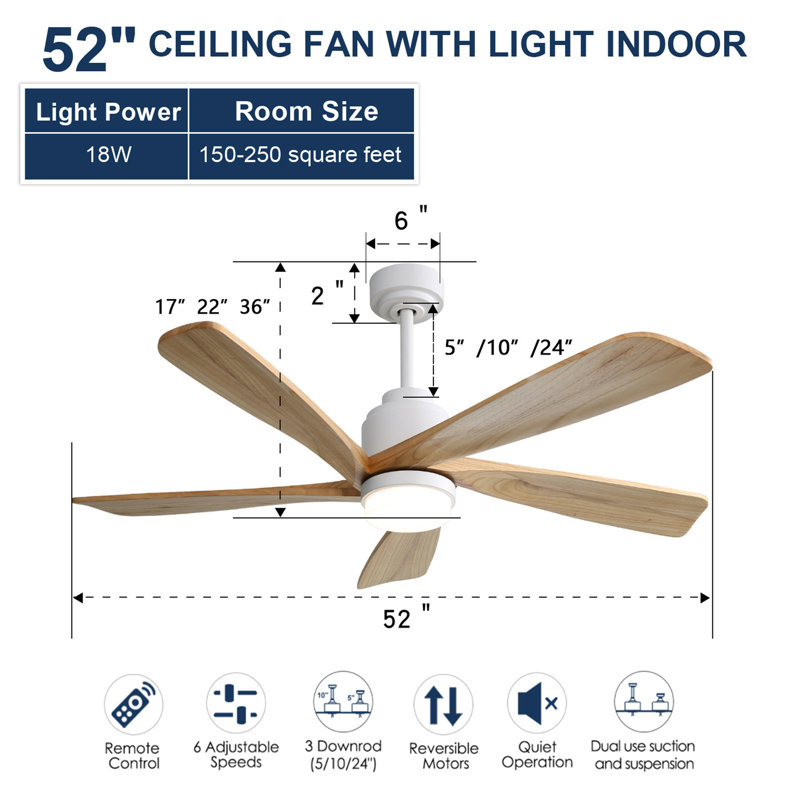 Ventilateur de plafond moderne 52 pouces avec lumière à DEL à intensité variable et 5 pales en bois massif avec télécommande et moteur à courant continu réversible