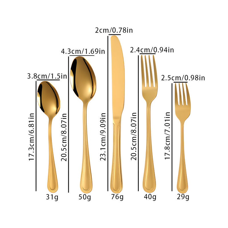 Ensemble de couverts en acier inoxydable, argenterie dorée avec finition polie pour les repas, les dîners et les restaurants