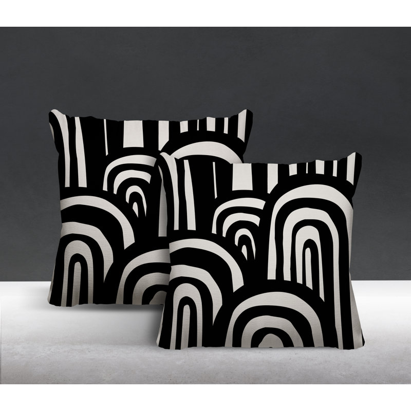  Coussin décoratif intérieur / extérieur abstrait carré, L 15 po x H 15 po, Noir