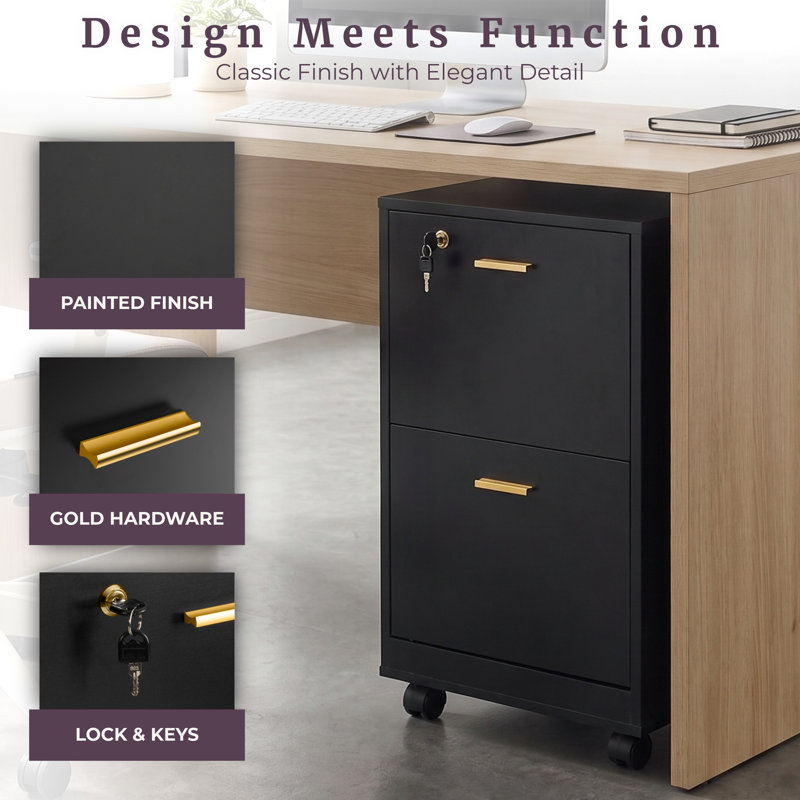 Lockable Engineered Wood 2-Drawer Mobile File Cabinet, Black