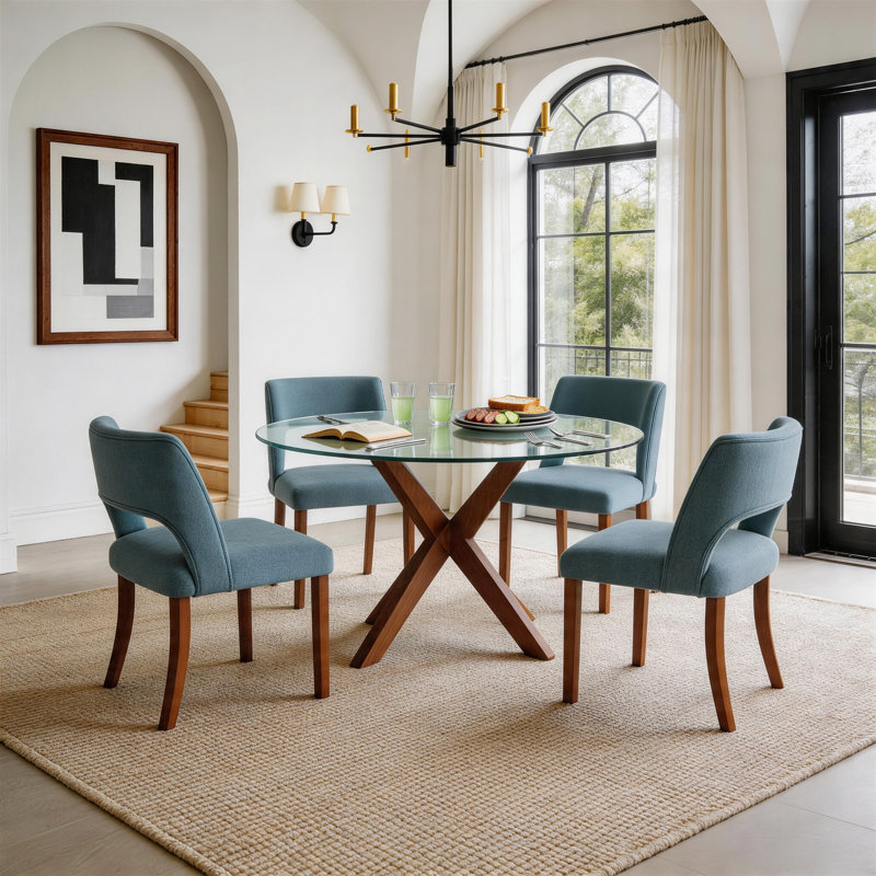 4-Piece Chenille Upholstered Solid Wood Dining Chair Set, Blue