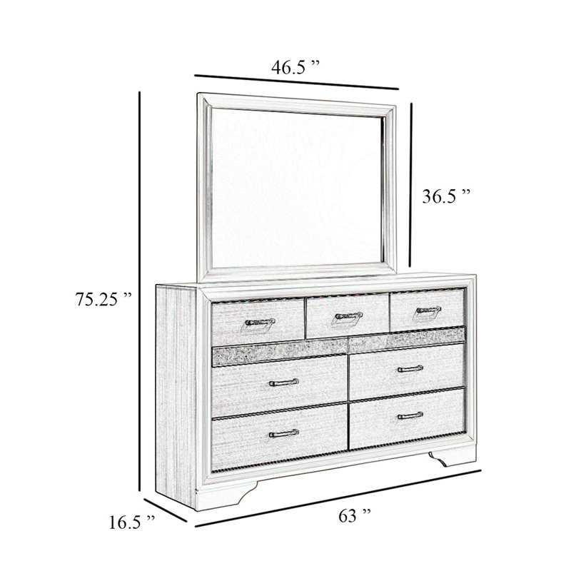 Vino Wide Dresser With Mirror, 7 Drawers, Modern Black, Chrome Accent, Black