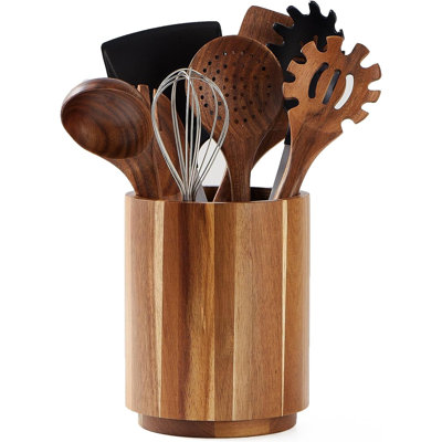 Acacia Wood 360° Rotating Utensil Holder - 7.2" Countertop Crock, Farmhouse Decor