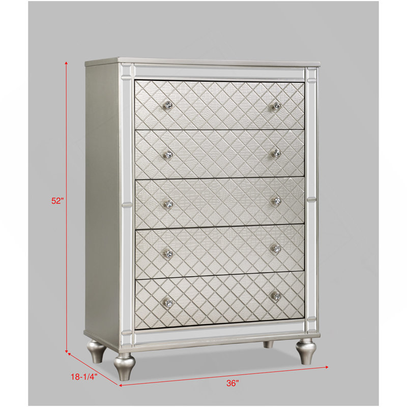 1Pc Glam 5-Drawer Bedroom Chest Diamond Patterned Drawer Fronts Silver Finish