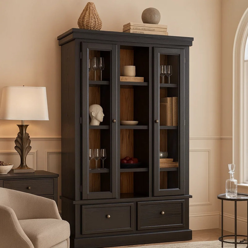 Gela Curio Cabinet With Glass Doors, Drawers, And Wine Shelves, Black