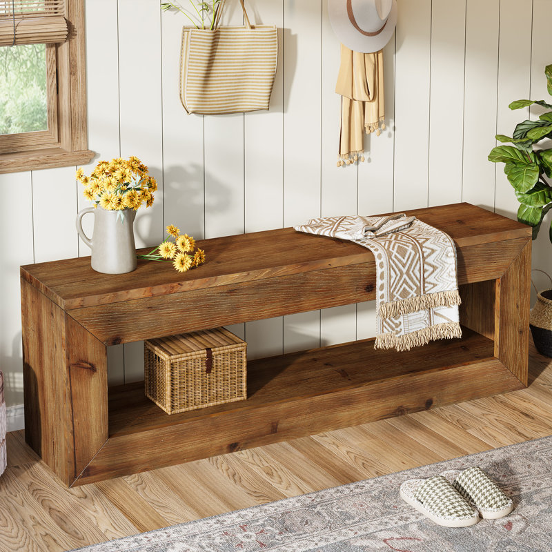 47" Solid Wood Entryway Bench with Shoe Storage, Brown