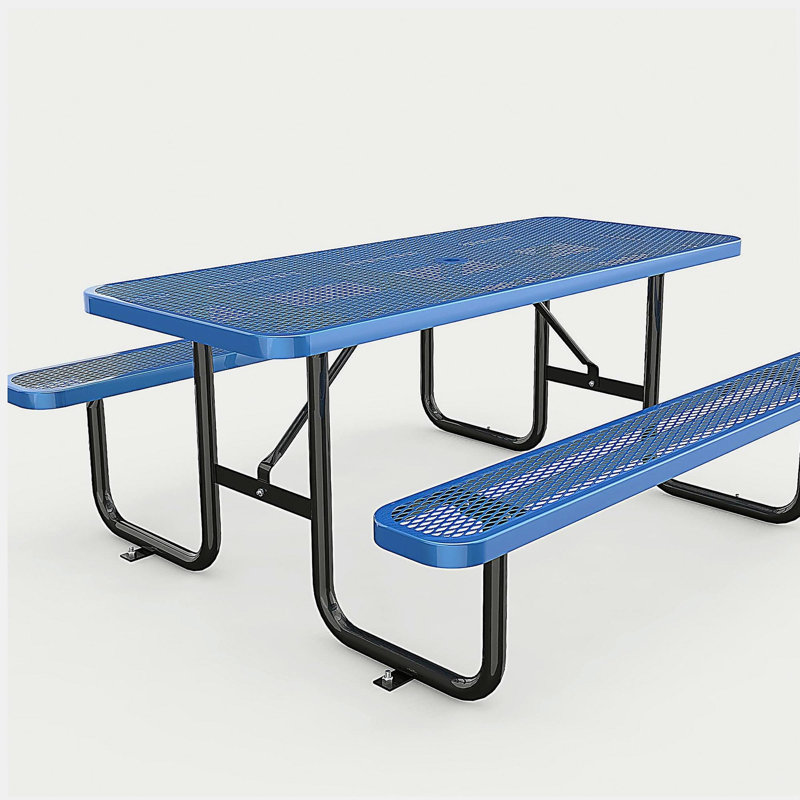 72" Expanded Metal Rectangular Picnic Table, Blue With Umbrella Hole