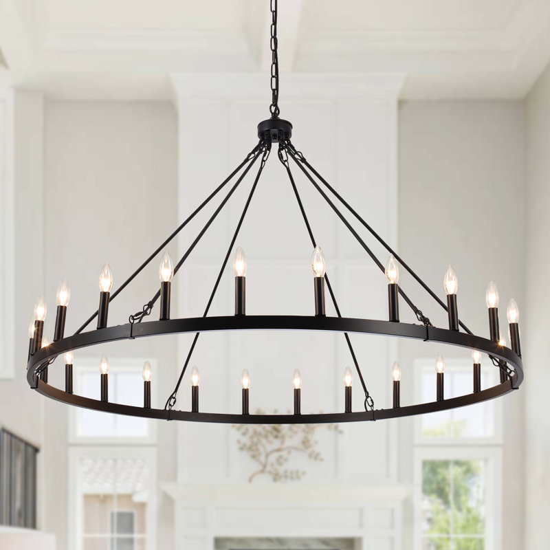 Yeraldine 24 - Light Lagre Dimmable Wagon Wheel Chandelier Farmhouse Round Vintage Candle Style Light for Living Room, Foyer, Entryway