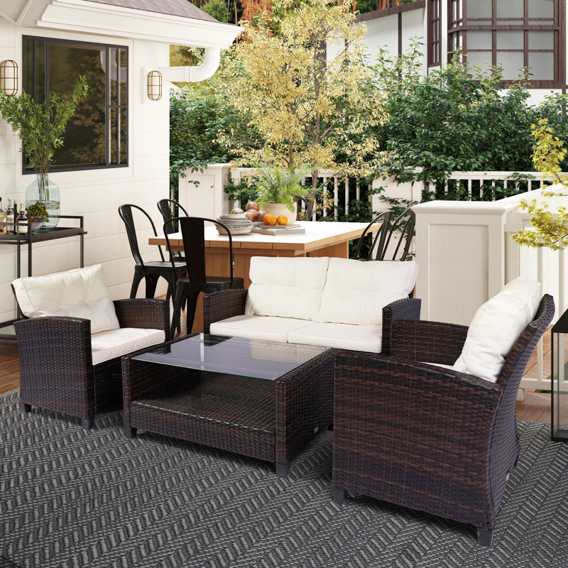 Ensemble de 4 meubles de patio en osier pour l'extérieur avec coussins, Brun, Beige