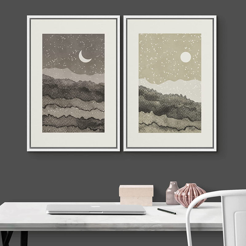 Idea4wall, reproduction d'art encadrée, ensemble, croissant de lune, soleil brillant, aquarelle, paysage, symboles abstraits, art moderne, bohème, graphique, chic et coloré pour le salon, la chambre à coucher, le bureau