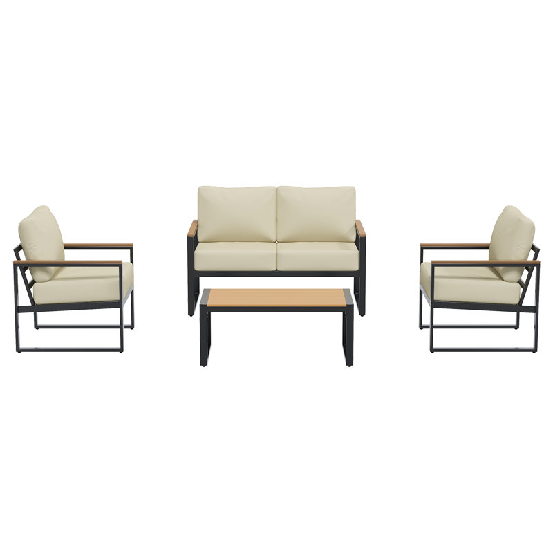 4-Piece Metal Patio Furniture Sofa Set – Outdoor Conversation Seating Group With Removable Cushions, Beige