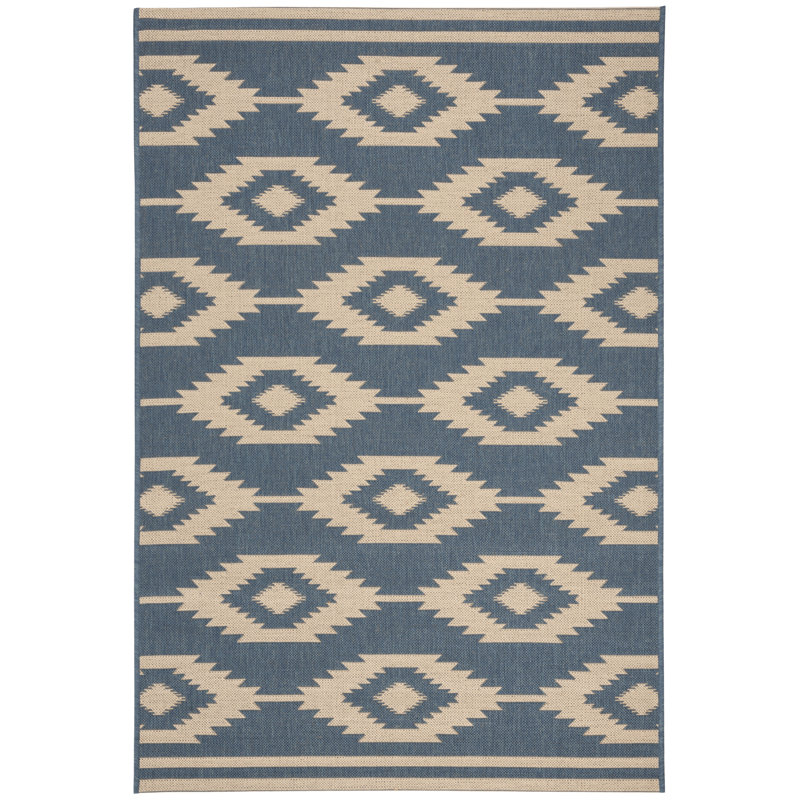 Preisser Hooked Indoor/ Outdoor Cream/Blue Rug, Rectangle 79 x 152 cm