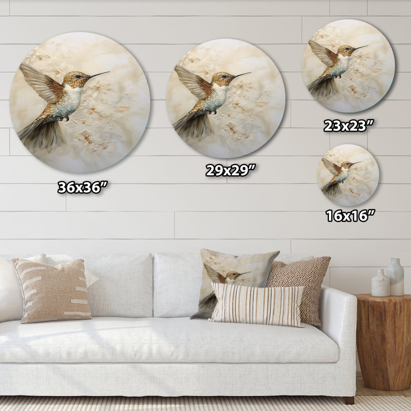 Colibri floral flottant III - animaux, art mural rond en métal, H 16 po x l 16 po