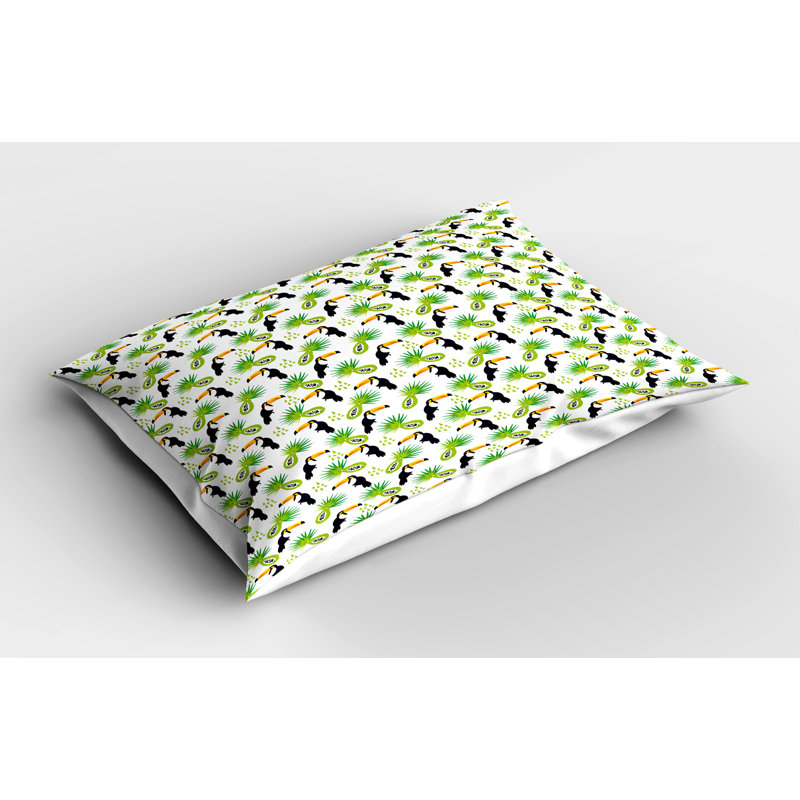 Ambesonne Tropical Pillow Sham 2 Pack Toucan and Palm Pattern Green Black and Orange, 20"H x 30"W