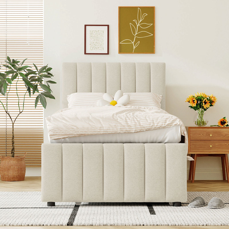 Lit plateforme tapissier simple avec lit gigogne et 3 tiroirs, tissu en lin, Beige