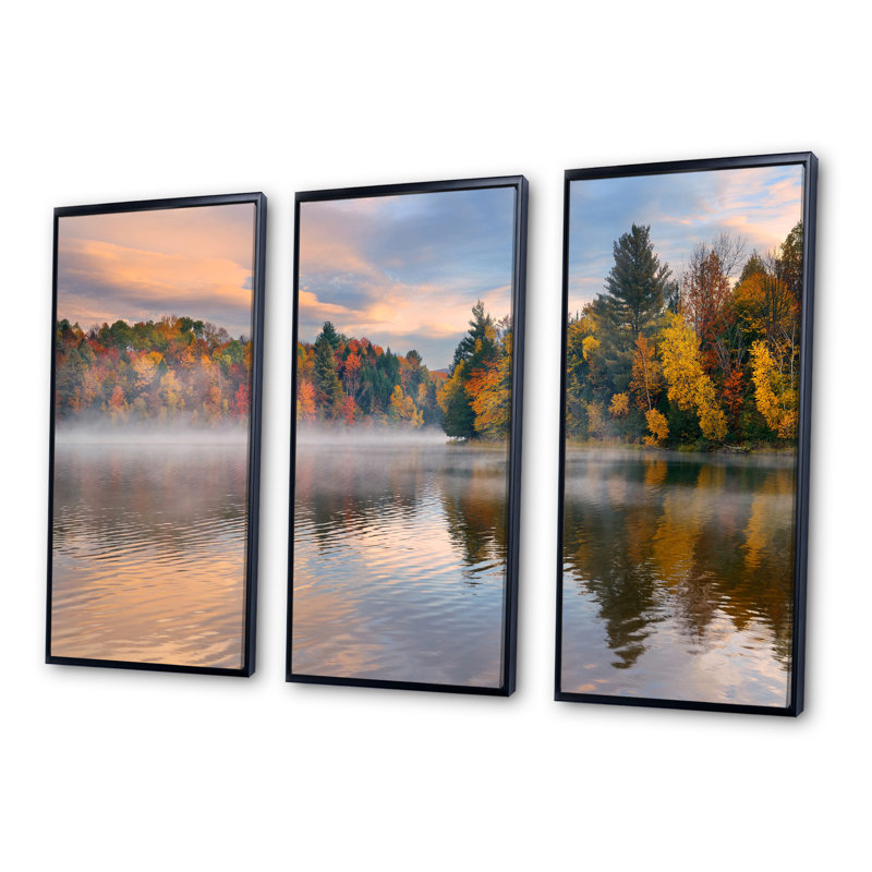 Feuillage d'automne au bord du lac - Ensemble de 3 reproductions sur toile flottantes, H 32 po x l 48 po, Noir
