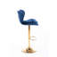 Lot de 2 tabourets de bar, velours bleu marine + pieds dorés, hauteur réglable, repose-pieds et base, siège en mousse, réglables par un système de levage mécanique.