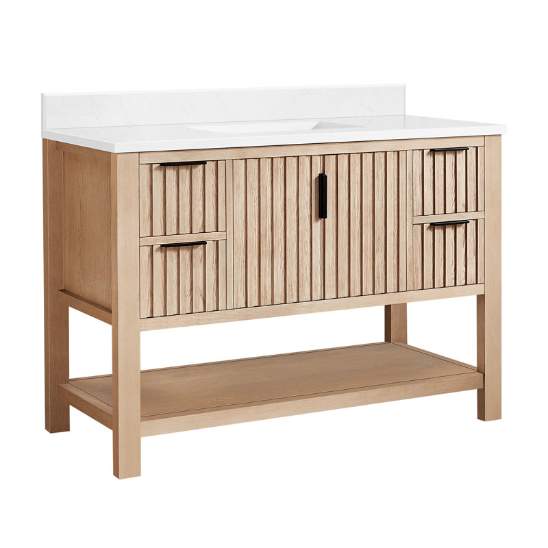 Meuble-lavabo simple 48 po avec plateau en pierre composite Chace, Chêne naturel vieilli / noir mat