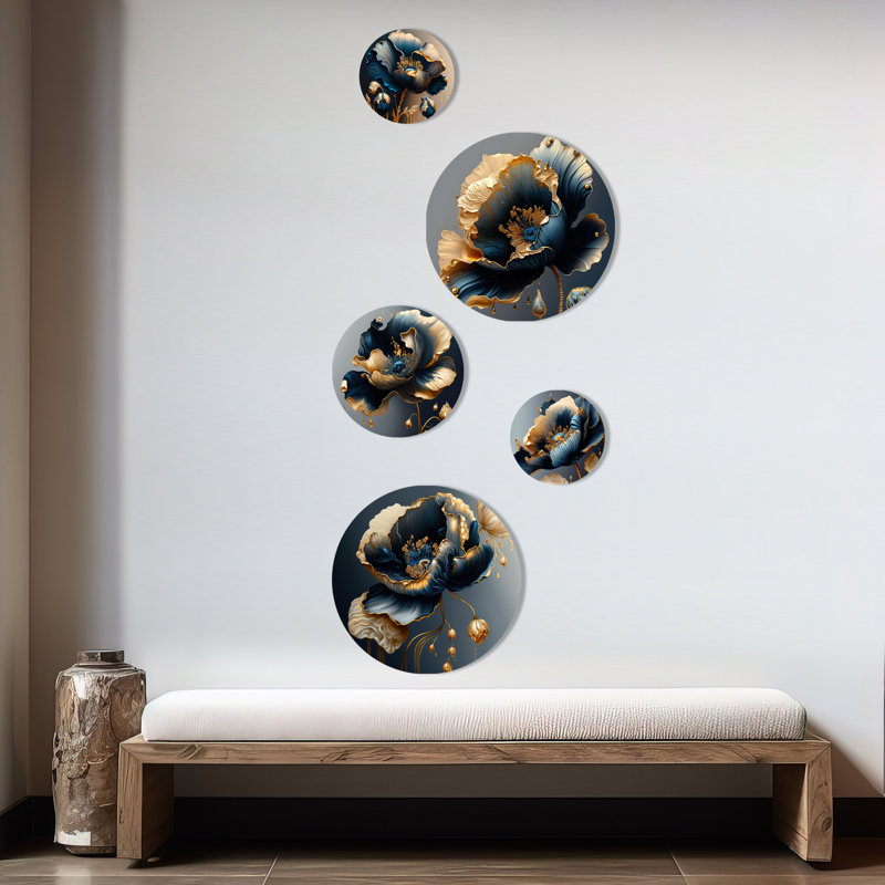 Décoration murale florale en métal bleu foncé et doré I