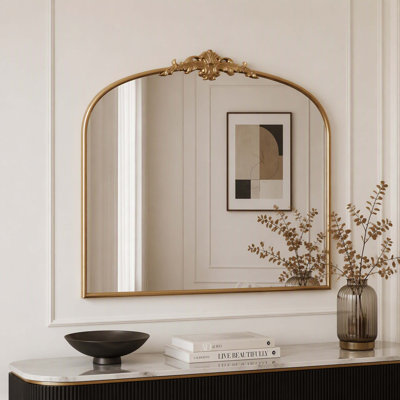 Large Vintage French Baroque Arched Wall‑Mount Mirror with Ornate Crown Carving, Gold Decor Mirror for Fireplace Mantel, Entryway, Bathroom, Living‑Room