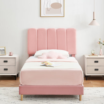Structure de lit avec tiroir sous le lit, lit plateforme tapissier avec tête de lit Wave pour enfants / filles, support de lattes en bois
