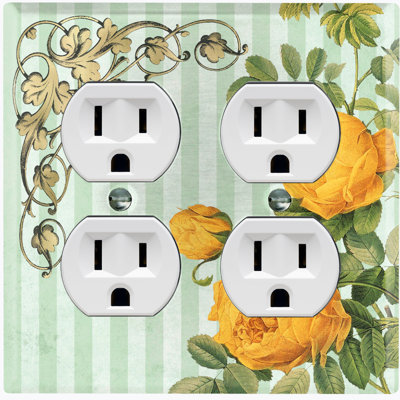 Metal Light Switch Plate Outlet Cover (Yellow Flower Green Leaves Frame Stripes - Single Toggle)