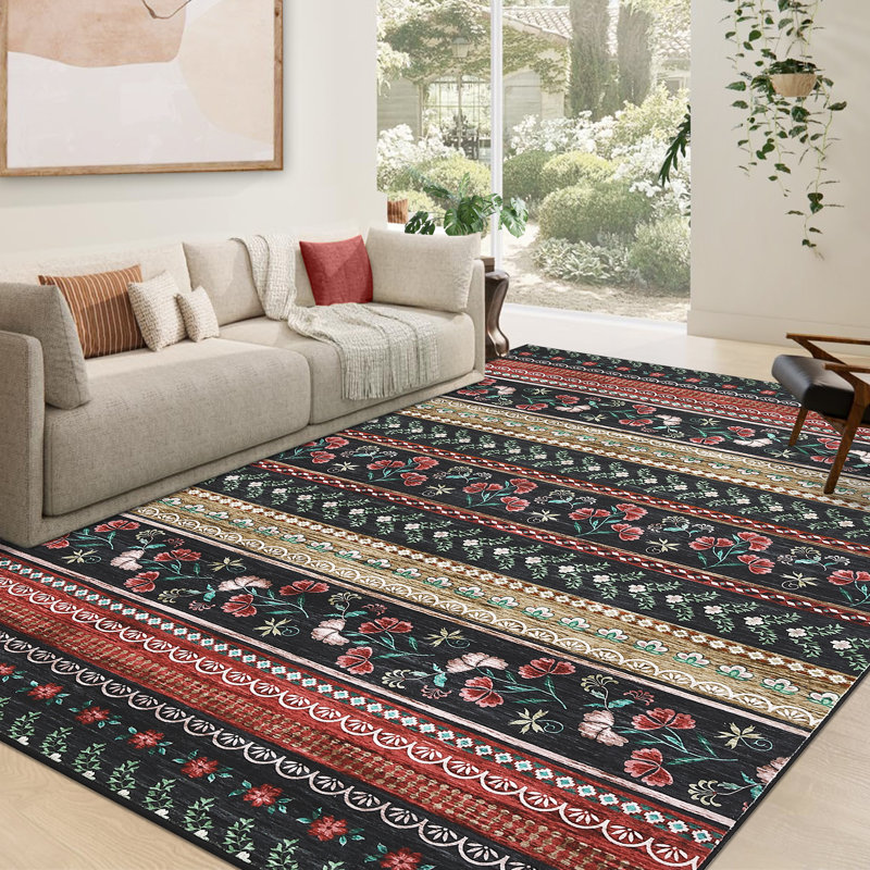 Floral Machine Washable Rug with Rubber Non-Slip Backing for Living Room, Dining Room, Bedroom, Office & Playroom
