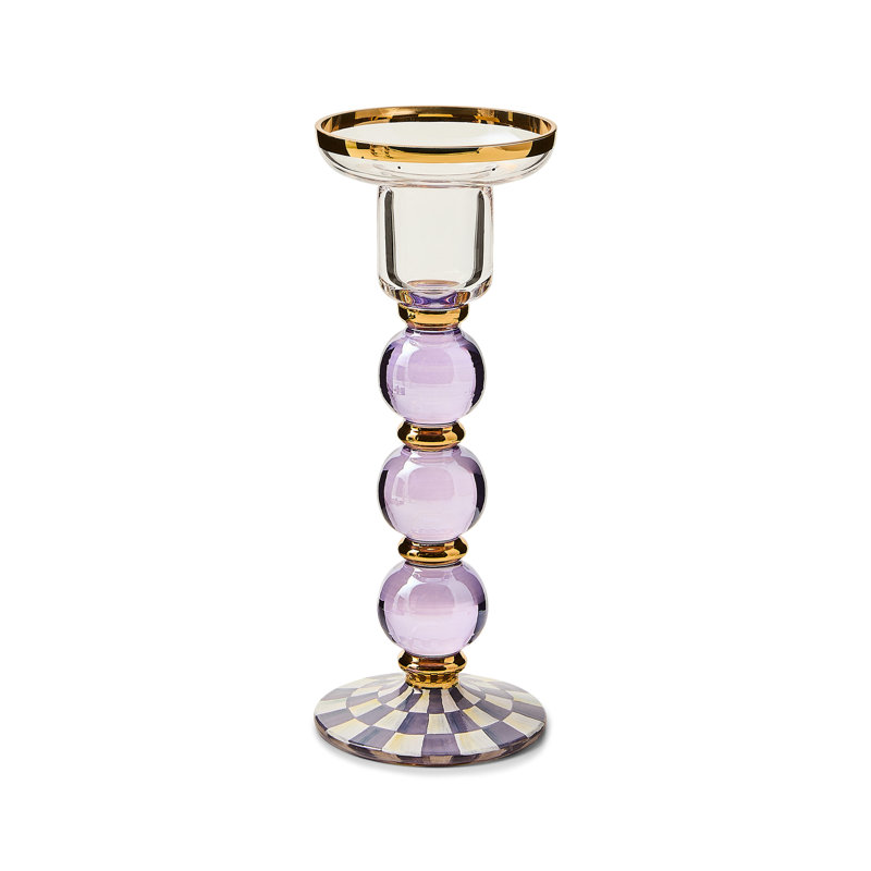 Violet Check Large Glass Candlestick, 7.25" H x 2.75" W x 2.75" D