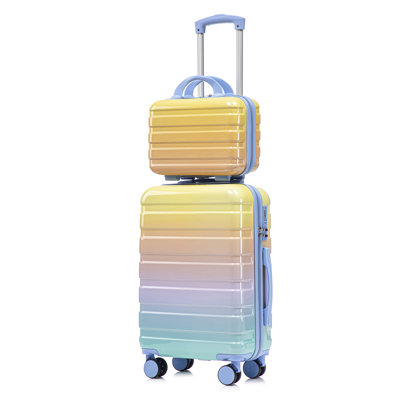 14"/20" 2 pcs/set in PC Spinner Wheel Luggage, Carry on Suitcase, With Gradient Color and Combination Lock(Blue+Yellow)