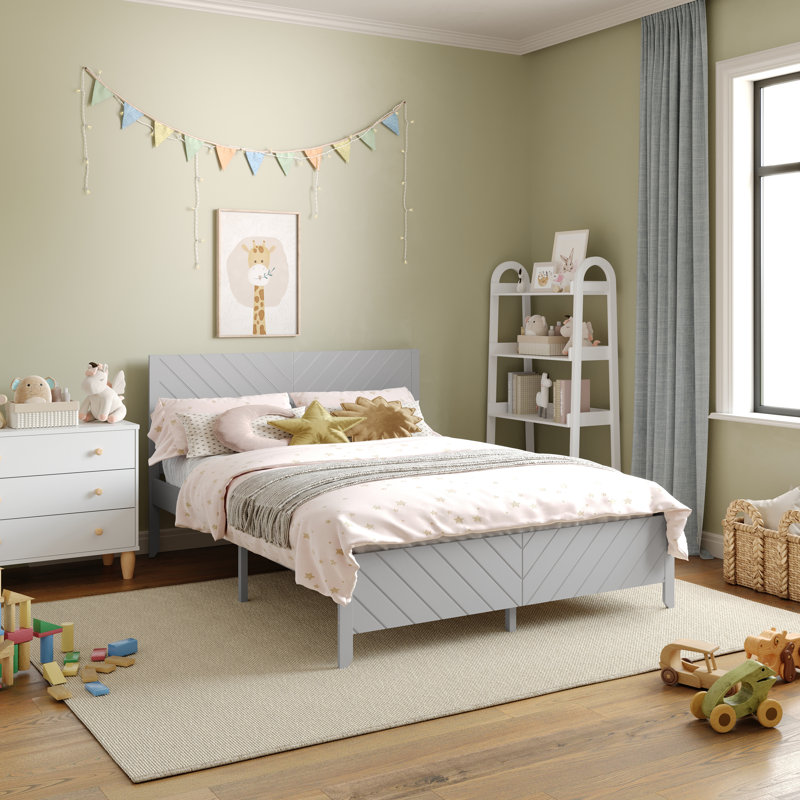 Aurey Wood Platform Bed Frame With Chevron Headboard And Footboard - Slat Foundatidon, Gray, Full