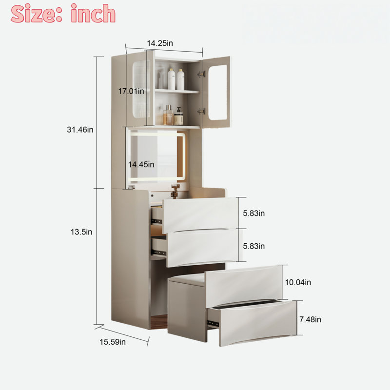 3-in-1 Vanity Table With Led Mirror,  Drawers, Flip-top Compartment And Storage Stool