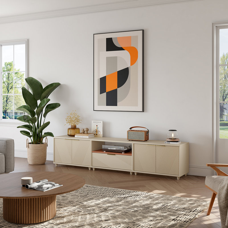 Meuble télé moderne avec rangement, Beige, H 19,7 po x L 88,6 po x l 15,8 po