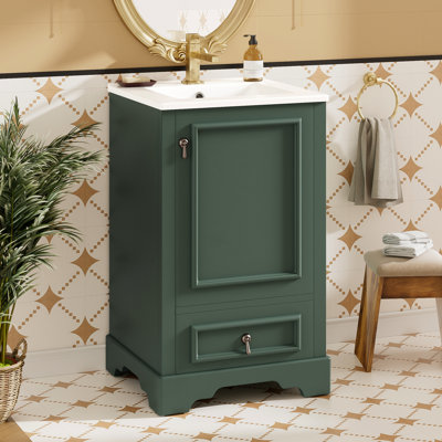 Meuble-lavabo de style moderne de 20 pouces avec lavabo en céramique, tablette ajustable et porte à fermeture en douceur de 20 po avec cadre en bois massif et tiroir