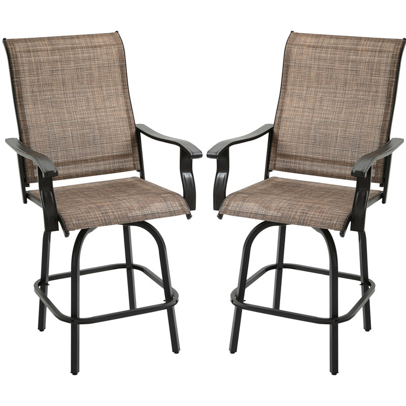 2Pcs Swivel Chairs With For Patio, Brown Steel Frame Outdoor Poolside, Balcony Armrest Bar Stools - Patio Backyard, Structure, Breathable Sling Seat, 23.5" W X 27.46" D 46.44" H, 242 Lbs Weight