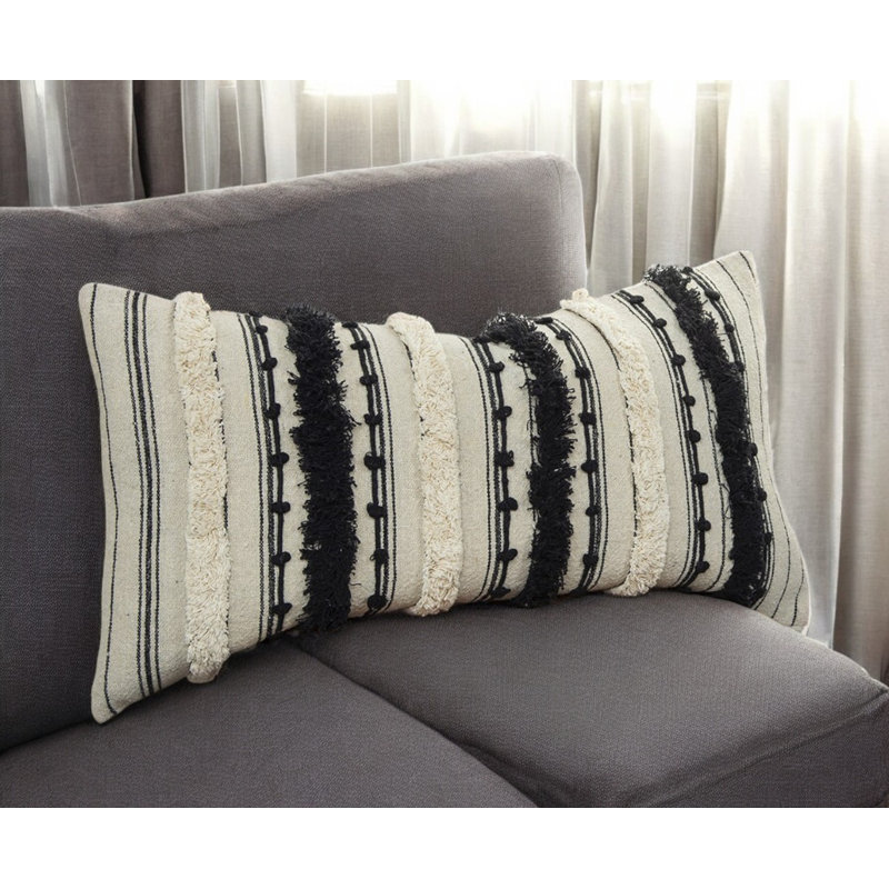 Rectangular Cotton Pillow Cover & Insert, Black/Ivory Striped