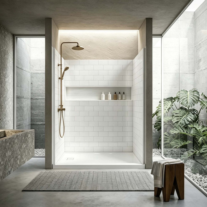 60 po x 32 po. Base de douche blanche à drain à gauche SMC avec ensemble mural 4 pièces et tablette, Left