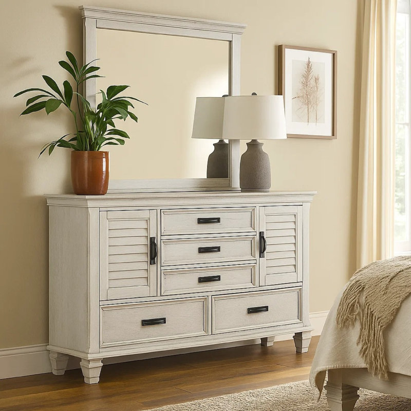 Commode large Eli avec miroir, 5 tiroirs et 2 armoires, blanc vieilli