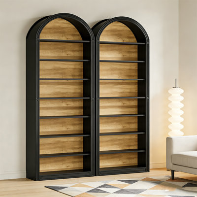 80" Tall Black Arched Bookshelf, 8-Tier Arched Bookcase with Storage Shelves, Floor Standing Wood Display Shelving Unit, Set of 2