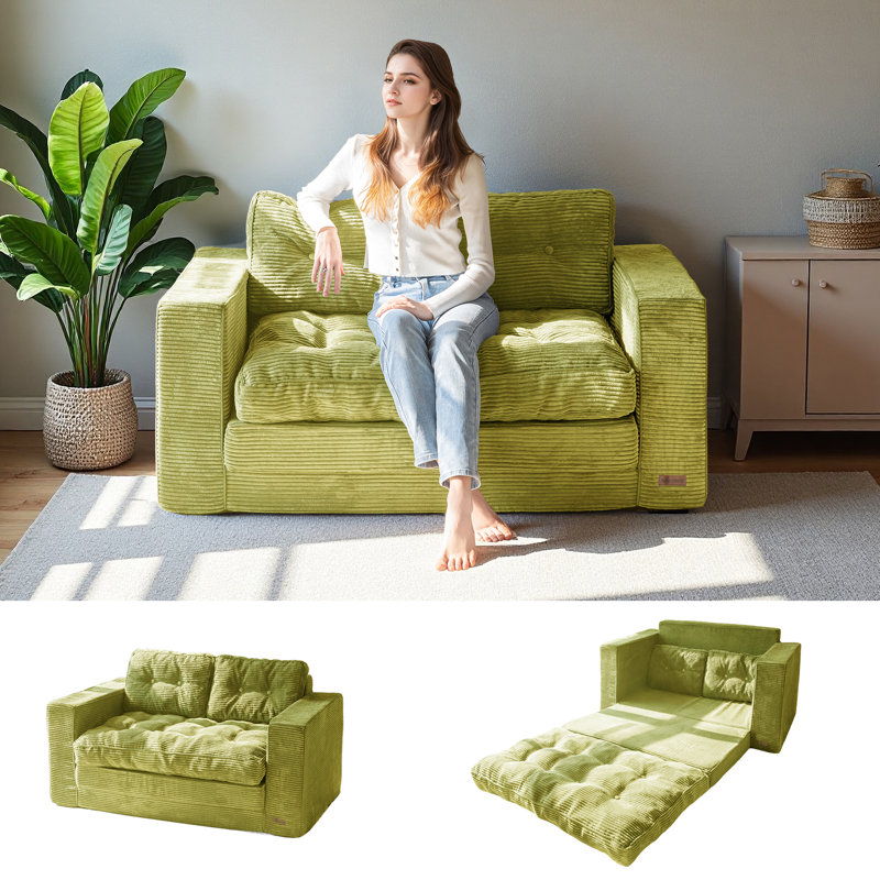 Canapé Bean Bag, causeuse de plancher, Velours côtelé vert, H 29,5 po x l 55,5 po x P 32 po