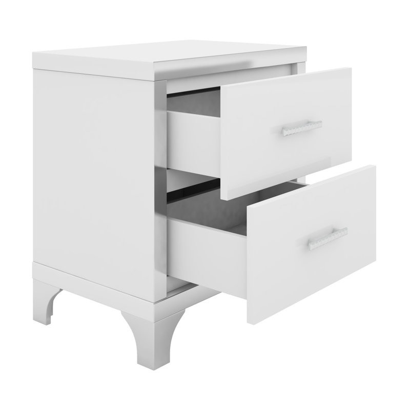 Table de chevet élégante à miroir avec 2 tiroirs, finition brillante et poignée en métal pour la chambre à coucher et le salon