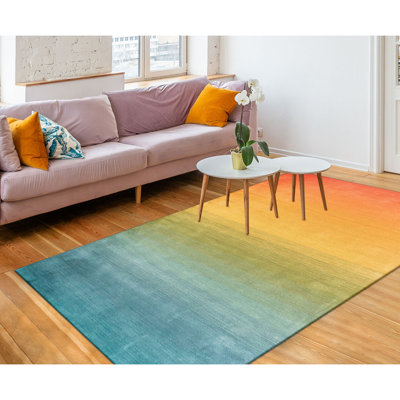 Tapis bleu / jaune / rose en laine tissé à la main Izariah