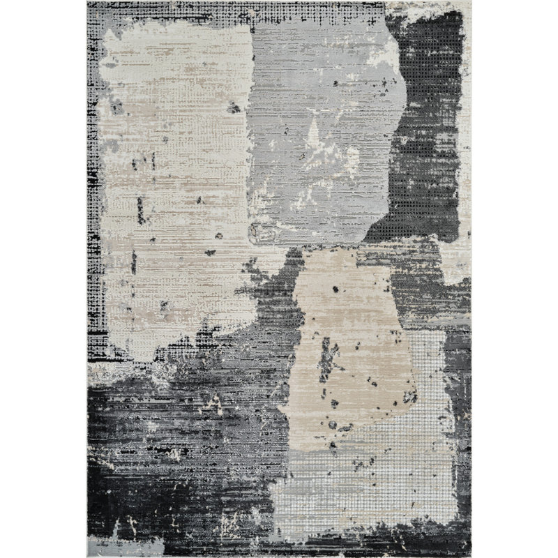 Beige and Black Abstract Distressed Area Rug